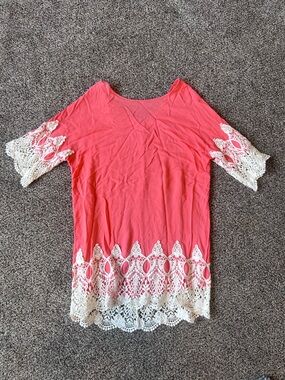 Alya Coral Tunic with White Crochet Hem & Sleeves